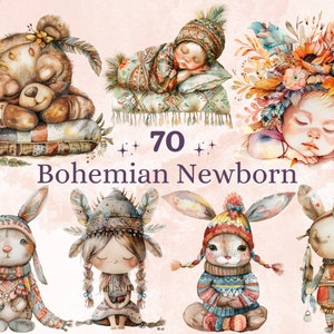 70 PNG aquarela Boho Newborn Clipart, Boho Baby Shower Illustration Clip art, Cute Boho Nursery png, gênero revela sublimação de festa