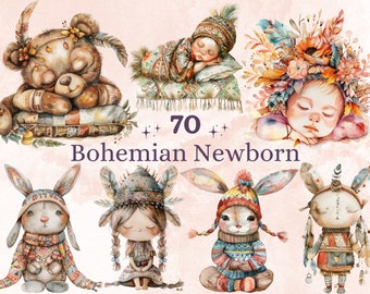 70 PNG Watercolor Bohemian Newborn Clipart, Boho Baby Shower Illustration Clip art, Cute Boho Nursery png, Gender Reveal Party Sublimation