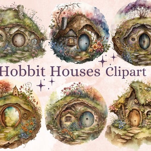 May include: Watercolor illustrations of six whimsical hobbit houses. Each house features a round door, windows, and a grassy roof, surrounded by colorful flowers and foliage. The text "Hobbit Houses Clipart" is displayed below the illustrations.