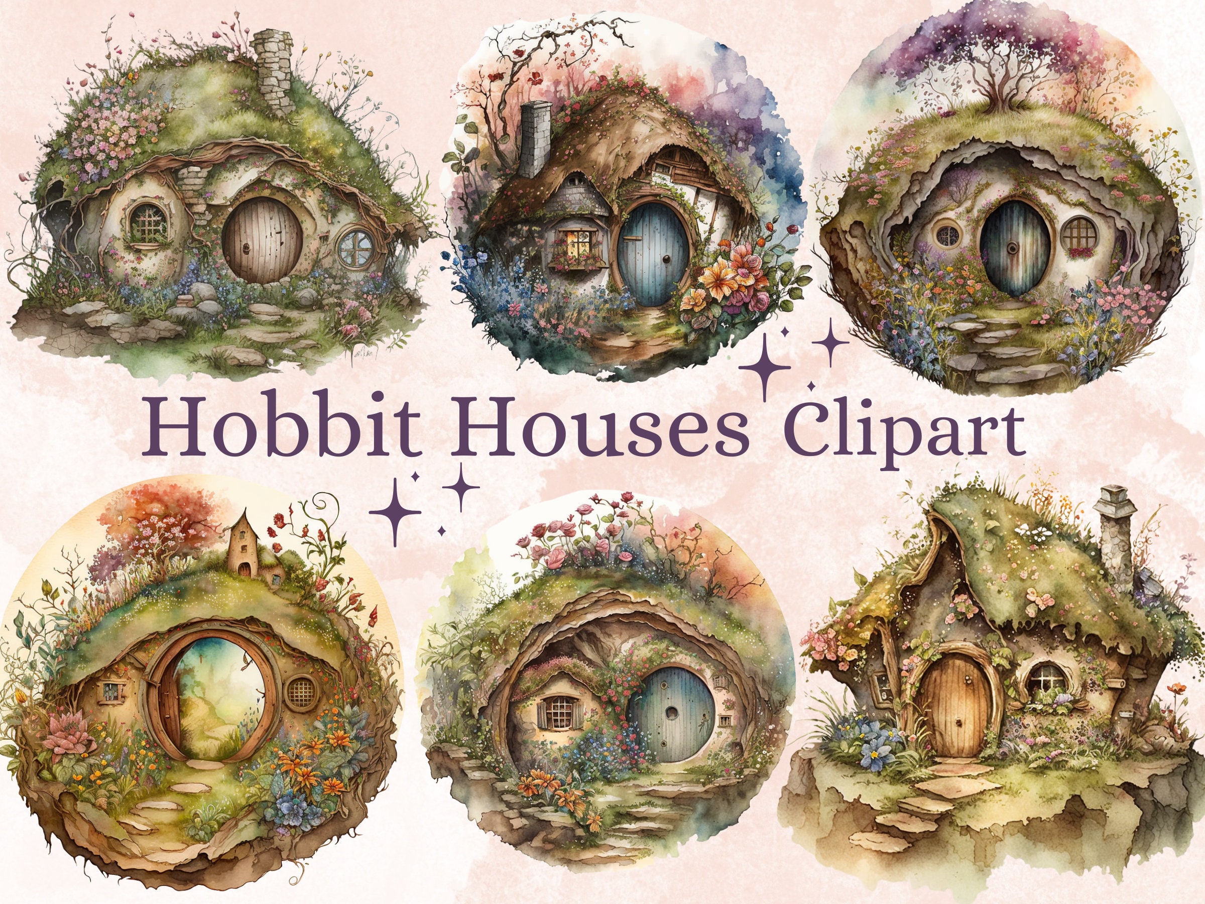 19 PNG Watercolor Hobbit Houses Clipart, Fantasy Hobbit Houses Clip Art, Cozy Hobbit Hole, Elf House Clipart, Fairytale, Fairy House Clipart