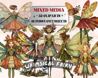 Whimsical Fairy Mixed Media Clipart, Whimsy Fairy Fussy Cut Collage Sheet, Quirky Cut Out Ephemera, PNG + JPG for Scrapbooking, Junk Journal