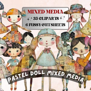 Skurrile Pastell Puppe, Mixed Media Clipart, Whimsy Girl Fussy Cut Collage Sheet, schrullig geschnittene Ephemera, PNG + JPG für Scrapbooking, Journal