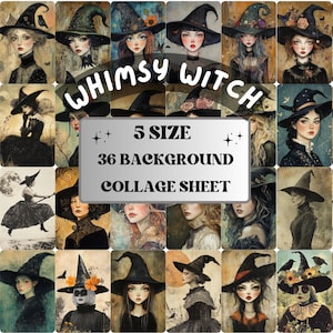 Whimsy Witch Collage Paper Kit, Surreal Gothic Mixed Media Sheet, Whimsical Witch Ephemera Images, Pagan Quirky Journal, Scrapbook Paper