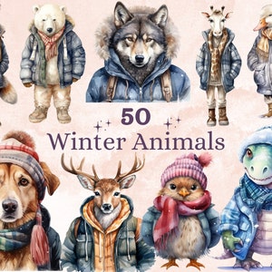 50 PNG aquarelle mignons animaux d'hiver des cliparts, clipart enneigé, animaux du pays des merveilles de l'hiver png, Sublimation animal confortable pour un usage Commercial