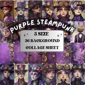 Whimsy Purple Steampunk Collage Paper, Surreal Steampunk Mixed Media Sheet, Whimsical Ephemera Images, Quirky Journal, Lilac Scrapbook Paper