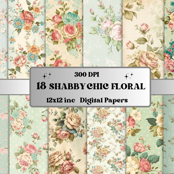 Vintage Shabby Chic Floral Digital Paper, Shabby Chic Flowers paper pack, vintage floral journal and scrapbooking pages, Shabby Chic Card