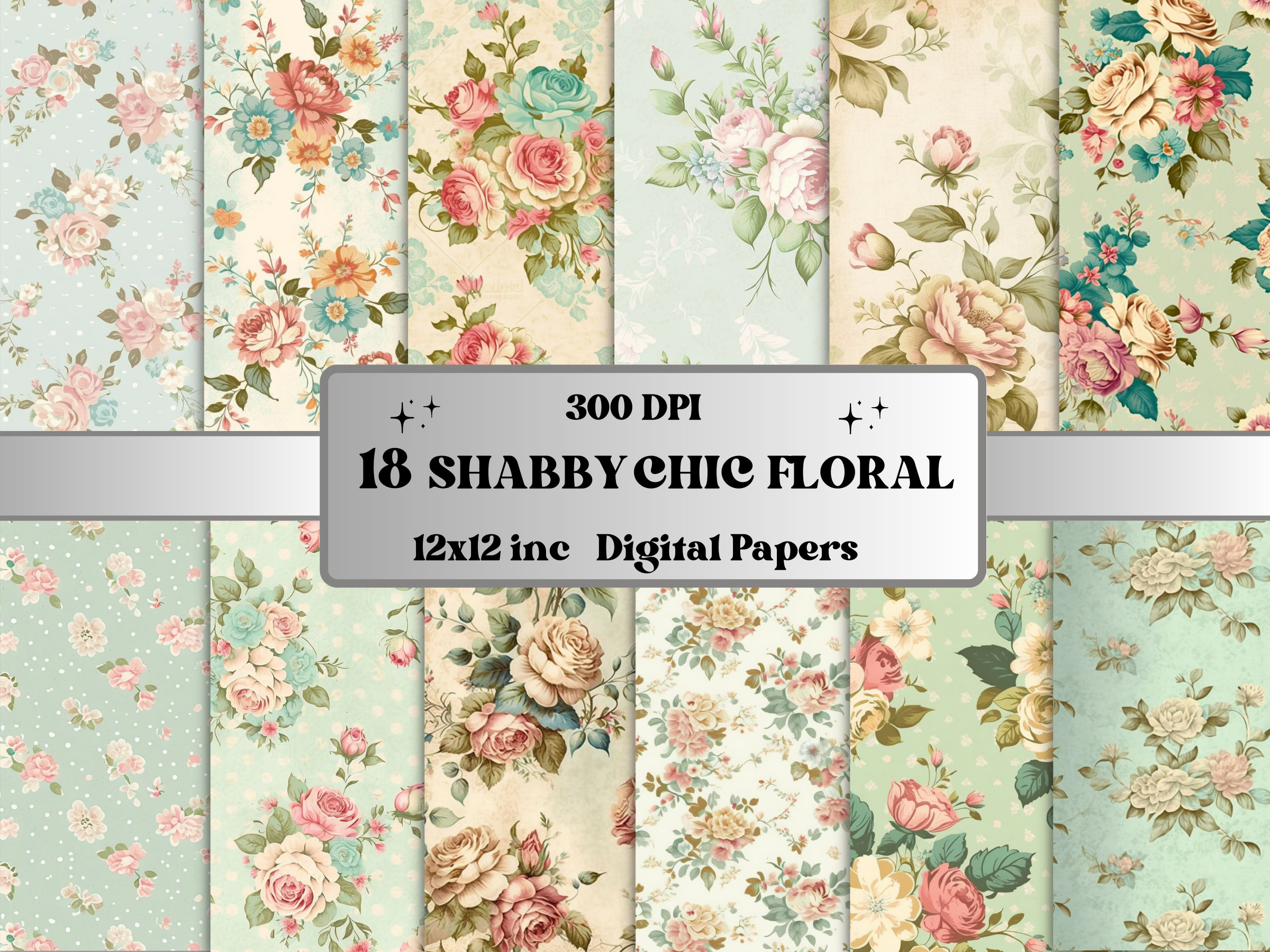 Vintage Shabby Chic Floral Digital Paper, Shabby Chic Flowers paper pack, vintage floral journal and scrapbooking pages, Shabby Chic Card