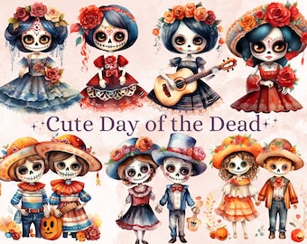 40 PNG Acuarela Lindo Día de Muertos Clipart, Día de Los Muertos Ilustración Clip art, Halloween mexicano png, Sublimación de calavera de azúcar