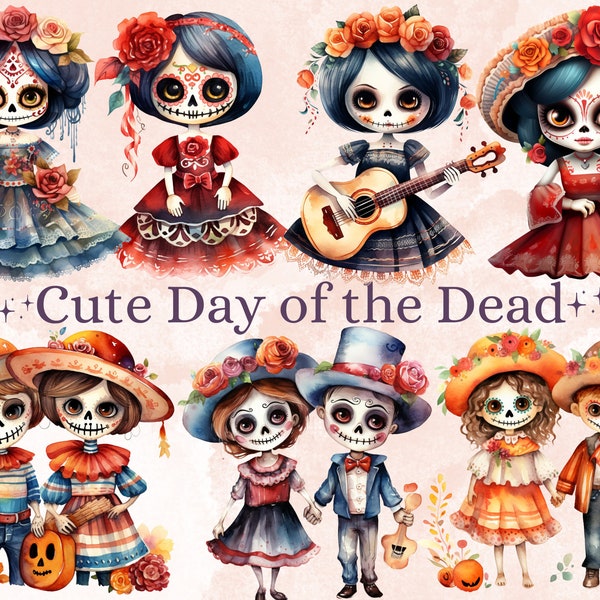 40 PNG Aquarelle Mignon Jour des Morts Clipart, Día de Los Muertos Illustration Clip art, Mexicain Halloween png, Sugar Skull Sublimation