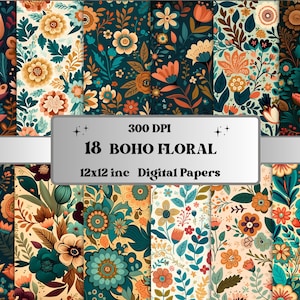 Boho Floral Digital Paper, pack de papier Boho Flowers, journal floral et pages de scrapbooking, Boho Flowers Backgrounds, Floral Card Pack