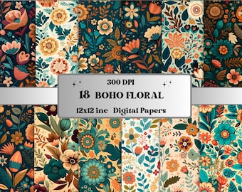 Boho Floral Digital Paper, Boho Flowers paper pack, floral journal and scrapbooking pages, Bohemian Flowers Backgrounds, Floral Card Pack
