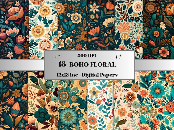 Boho Floral Digital Paper, Boho Flowers paper pack, floral journal and scrapbooking pages, Bohemian Flowers Backgrounds, Floral Card Pack
