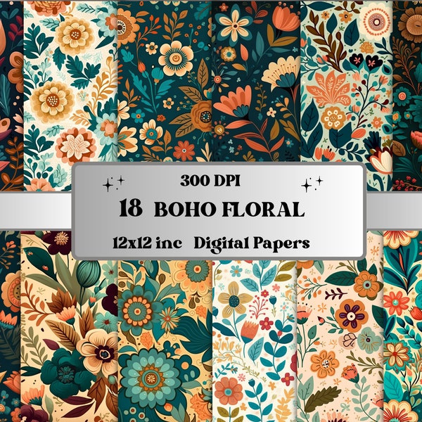 Boho Floral Digital Paper, Boho Flowers paper pack, floral journal and scrapbooking pages, Bohemian Flowers Backgrounds, Floral Card Pack