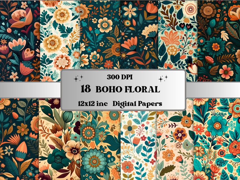 K&ouml;nnte beinhalten: Eine Sammlung von 18 digitalen Papieren mit einem Boho-Blumenmuster. Die Papiere zeigen verschiedene Blumenmuster in Teal-, Orange- und Cremet&ouml;nen. Die Papiere sind 30,48 x 30,48 cm gro&szlig; und haben 300 DPI. Der Text auf dem Bild lautet "18 BOHO FLORAL 12x12 inc Digital Papers".