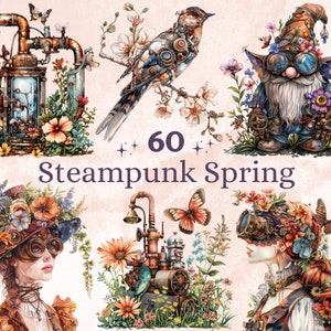 60 PNG Akwarela Steampunk Wiosna Clipart, Kwiatowe Wiosenne Ilustracje Clip Art, Steampunk Kwiaty png, Fantastyczna Przemysłowa Sublimacja