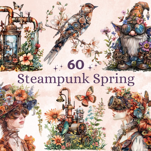 60 PNG acuarela Steampunk Spring Clipart, Ilustraciones florales de primavera Clip art, Flores Steampunk png, Sublimación industrial de fantasía