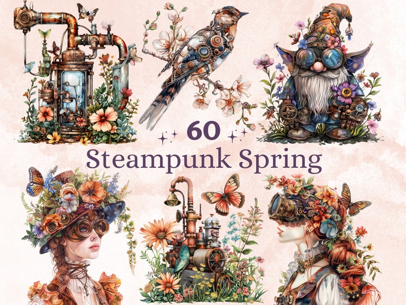 60 PNG Watercolor Steampunk Spring Clipart, Floral Spring Illustrations Clip art, Steampunk Flowers png, Fantasy Industrial Sublimation