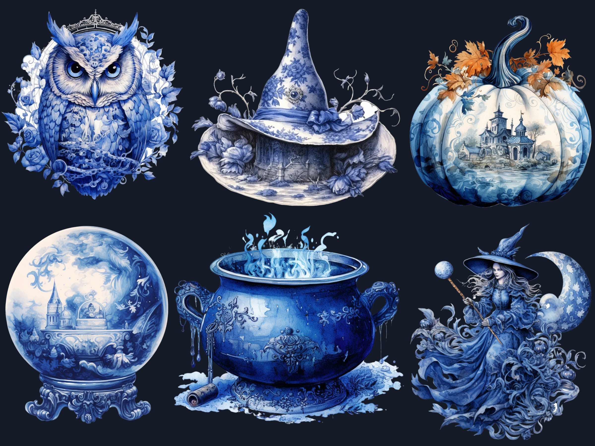 40 PNG Watercolour Delft Blue Witch Clipart, Witchcraft Clip Art, Witch ...