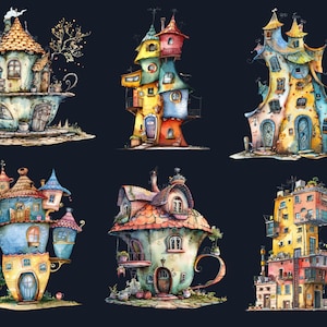 30 PNG Watercolor Quirky House Clipart, Whimsical Mushroom House Illustrations Clip art, Teapot Fairy House png, Cute Apartment Sublimation
