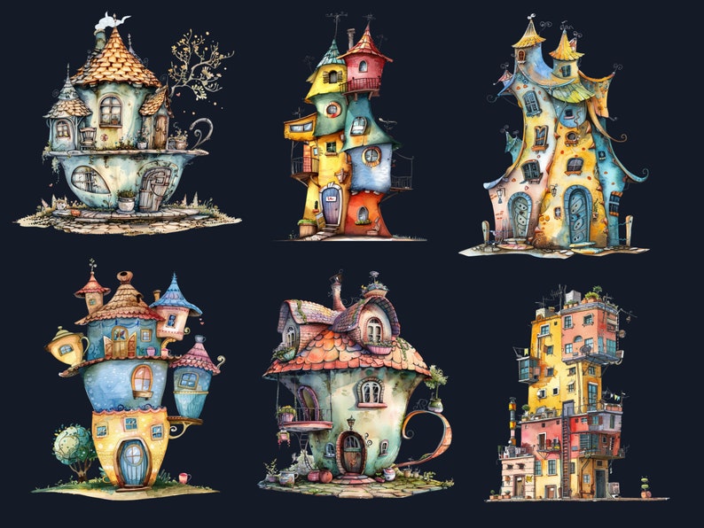 30 PNG Watercolor Quirky House Clipart, Whimsical Mushroom House Illustrations Clip art, Teapot Fairy House png, Cute Apartment Sublimation