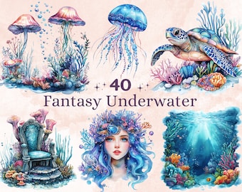 40 PNG Watercolor Fantasy Underwater Clipart, Ocean Nursery Clip art, Sea Animals Collection png, Sealife Sublimation, Under the Sea Bundle