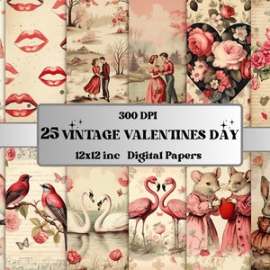 Druckbares Vintages Valentinstags-Digitalpapier, romantisches Valentine Ephemera, Blumenherz Seiten, Junk Journal, Scrapbooking, Kartenherstellung