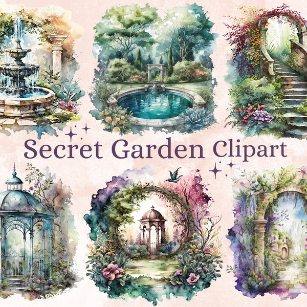 31 PNG Watercolour Secret Garden Clipart, Fairy Garden Clip art, Whimsical Secret Garden Scenes, Fantasy Magical Ephemera Garden PNG Bundle