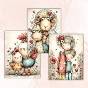 May include: Three watercolor art prints featuring whimsical animal and human figures. One print shows a sheep and lamb with floral accents. Another depicts a mother and child in a field of flowers. The third print shows a hen and chick.