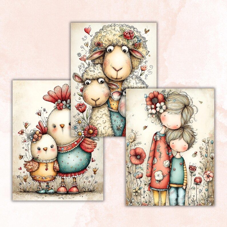 May include: Three watercolor art prints featuring whimsical animal and human figures. One print shows a sheep and lamb with floral accents. Another depicts a mother and child in a field of flowers. The third print shows a hen and chick.