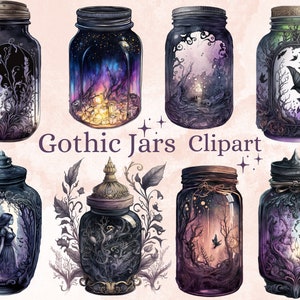 18 PNG Watercolour Gothic Jars Clipart, Dark Fantasy Witchy Clipart, Magical Mystery Mason Jars Clip Art png bundle, Scrapbook, Junk Journal