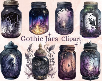 18 PNG Watercolour Gothic Jars Clipart, Dark Fantasy Witchy Clipart, Magical Mystery Mason Jars Clip Art png bundle, Scrapbook, Junk Journal