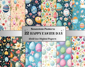 Seamless Happy Easter Digital Paper, Easter Bunny Seamless Pattern, Floral Spring Garden Background, Easter Eggs Pattern, Scrapbook Paper