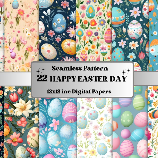 Seamless Happy Easter Digital Paper, Easter Bunny Seamless Pattern, Floral Spring Garden Background, Easter Eggs Pattern, Scrapbook Paper