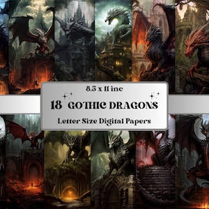 May include: 18 digital papers featuring gothic dragons in various poses and settings. The papers are 8.5 x 11 inches and are perfect for scrapbooking, card making, and other paper crafts.