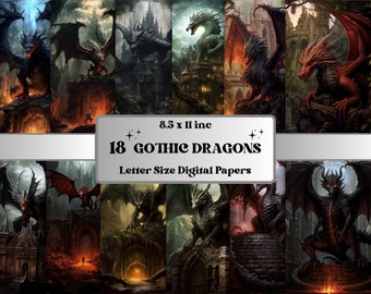 Printable Gothic Dragons Digital Paper, Dark Fantasy Dragon Digital Paper, Gothic Dragon Cards, Download Junk Journal Kit, Scrapbooking Set