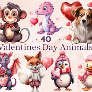 40 PNG Aquarell Valentinstag Tiere Clipart, schöne Valentinstag Cutties Illustrationen Clip Art, niedliche Liebe Tiere Png Sublimation