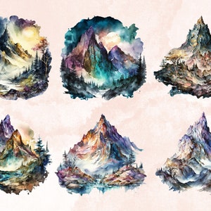 20 PNG Watercolor Fantasy Mountains Clipart, Magical Mountains Clip art, mountains landscape png, Landscape clipart, Mountains Scenes png