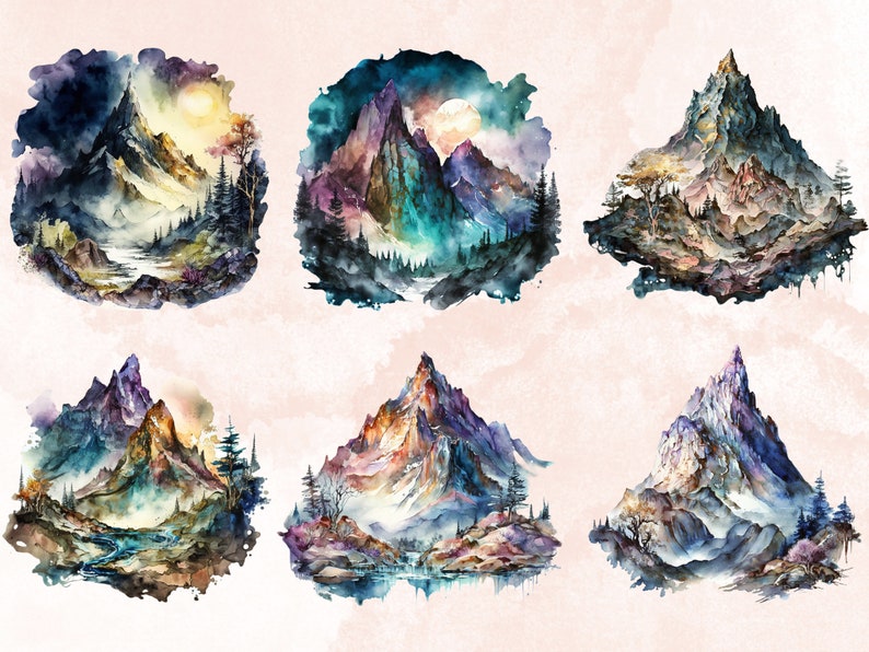 20 PNG Watercolor Fantasy Mountains Clipart, Magical Mountains Clip art, mountains landscape png, Landscape clipart, Mountains Scenes png