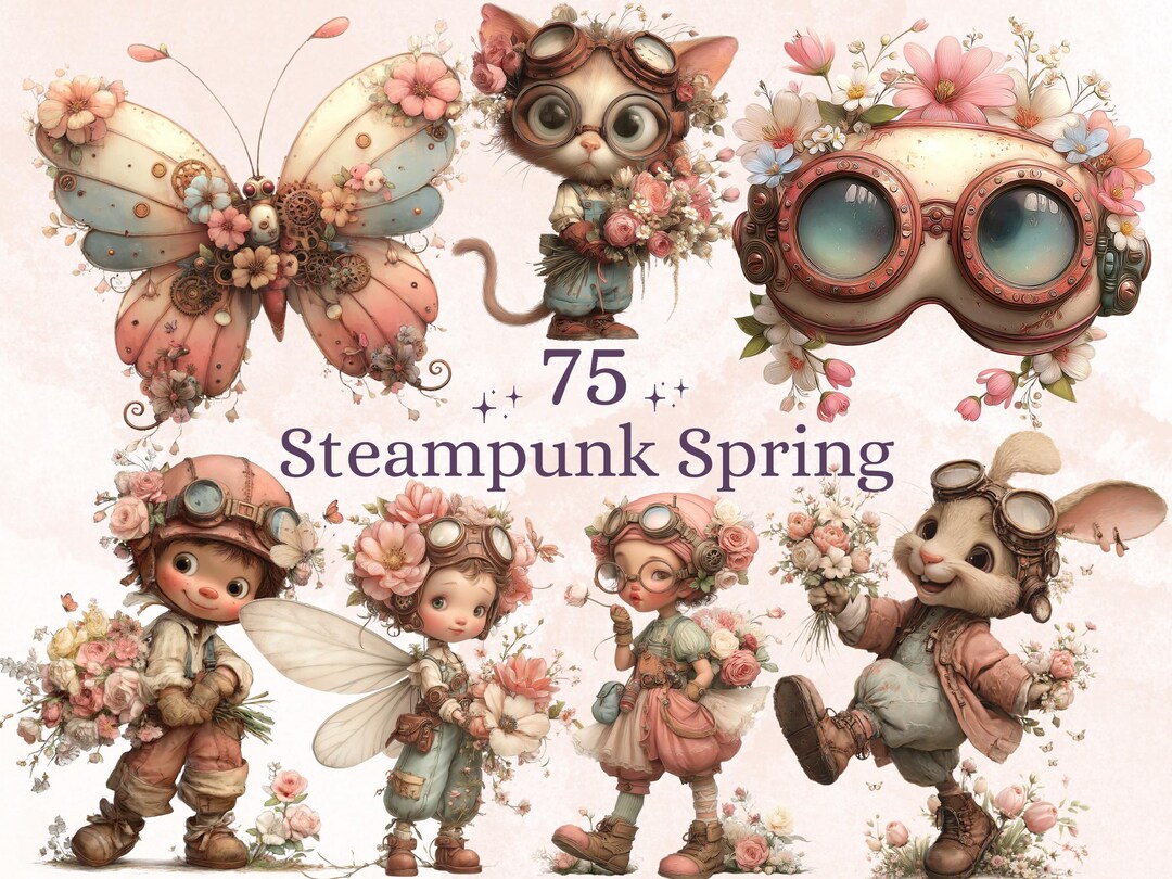 Whimsical Steampunk Floral Spring Clipart – 75 PNG Industrial Flowers ...