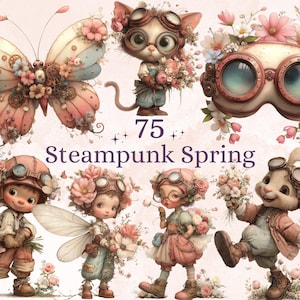 以下が含まれることがあります： スチームパンクをテーマにした春のキャラクターのデジタルイラスト。蝶、猫、ゴーグル、いくつかのフィギュアが含まれており、すべて花と歯車で飾られています。「75 Steampunk Spring」というテキストも表示されています。