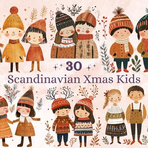 30 PNG Clipart per bambini di Natale scandinavi, Illustrazione di arte popolare di coppia di Natale Clip art, Carino Natale invernale png, Ornamento di Natale nordico