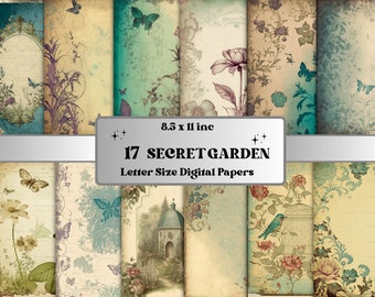 Printable JPG Pages Secret Garden Junk Journal Digital Paper Pack, Vintage Garden Scrapbook Paper, Vintage Journal Pages Ephemera Collage