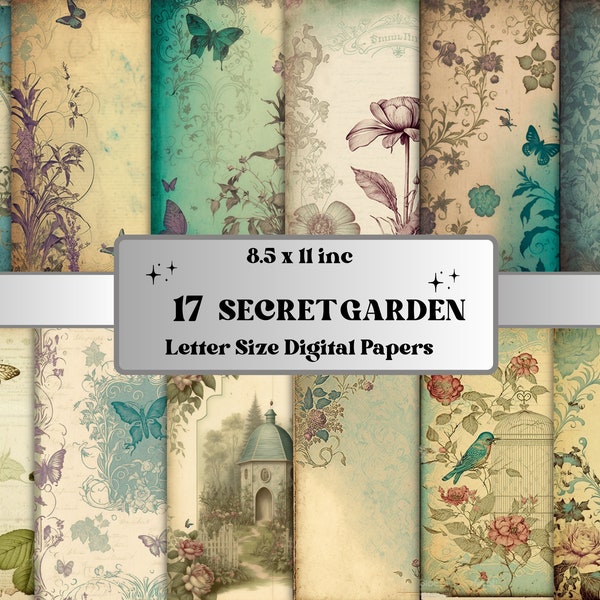 Printable JPG Pages Secret Garden Junk Journal Digital Paper Pack, Vintage Garden Scrapbook Paper, Vintage Journal Pages Ephemera Collage