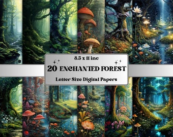Printable Fantasy Enchanted Forest Digital Paper, Magical Mystery Forest Digital Paper, Woodland Cards, Download Junk Journal, Scrapbooking