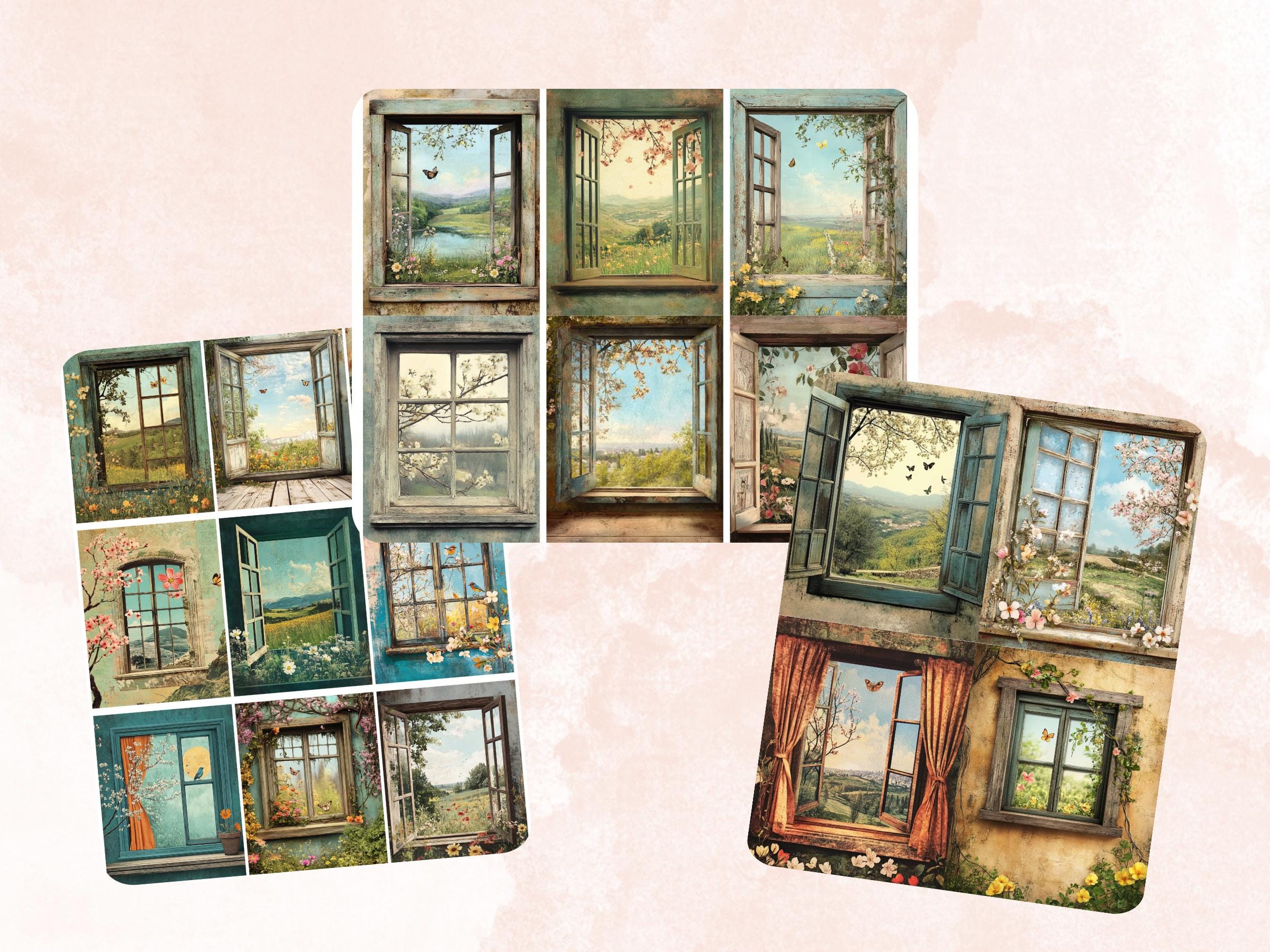 Spring Window Collage Paper, Surreal Spring Mixed Media Art, Floral ...