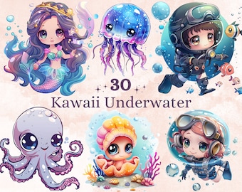 30 PNG Acquerello Kawaii Sotto il Mare Clipart, Carino Ocean Nursery Clip art, Divertente Animale Marino png, Sublimazione della vita marina, Cartone animato Sott'acqua