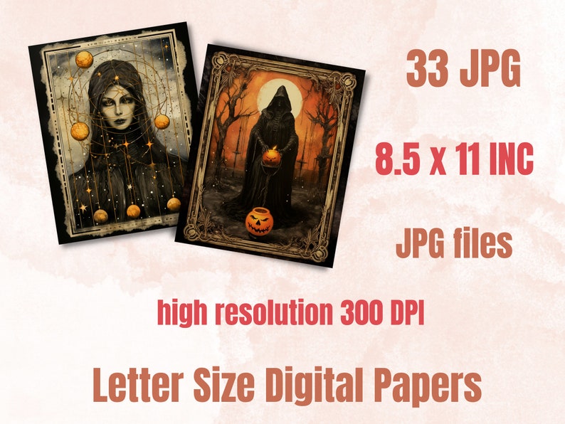 Printable Halloween Tarot Digital Paper, Vintage Halloween Tarot, Retro Halloween Pages, Download Junk Journal, Scrapbooking, Tarot Cards