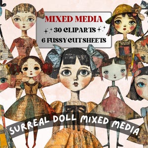 Skurrile surreale Puppe, Mixed-Media Clipart, Fantasy Mädchen, fussy geschnittene Collage Sheet, schrullig geschnittene Ephemera, Grunge Textur für Scrapbooking