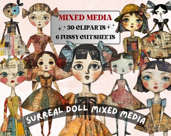 Whimsical Surreal Doll Mixed Media Clipart, Fantasy Girl Fussy Cut Collage Sheet, Quirky Cut Out Ephemera, Grunge Texture for Scrapbooking