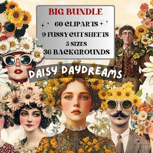 Daisy Daydreams Collage Elements, Whimsical Surreal Spring Fussy Cut, Quirky Floral Blooming Clipart, Daisy Junk Journal, Clipart Background